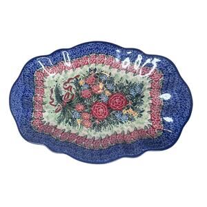 unikat polish pottery small platter #3167 Christmas Rose Special Bouquet edition